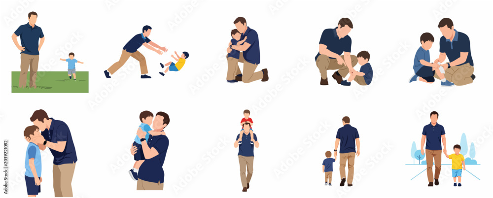Fototapeta premium Collection of father and son vector illustrations depicting various parenting and bonding activities
