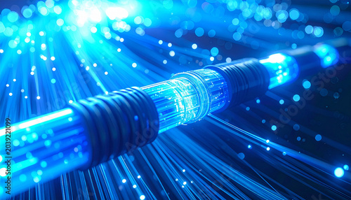 Fiber Optic Cable Speed: A close-up shot showcases the vibrant blue light transmitting through a bundled fiber optic cable, symbolizing rapid data transfer and advanced technology.