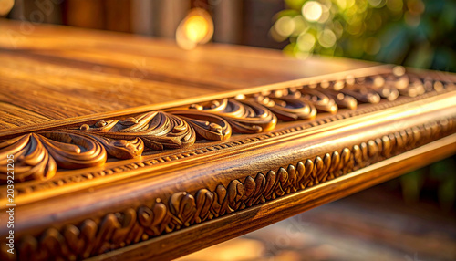 Intricate Wood Carving: A close-up view of a beautifully carved wooden surface, showcasing detailed patterns and the warm texture of polished wood illuminated by soft, golden sunlight.