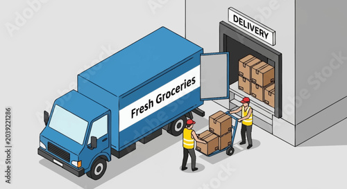 Obraz na płótnie Grocery delivery truck unloading fresh produce.