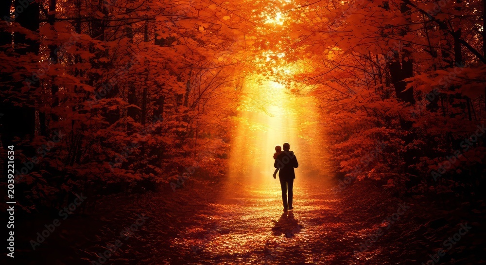 Fototapeta premium Golden sunlight filters through vibrant orange foliage on a trail where a tall silhouette carries a smaller one through the autumn woods, path, foliage, sunlight