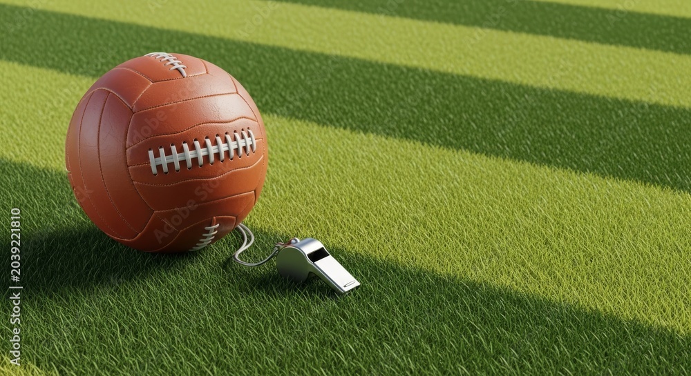 Obraz premium A professional soccer event branding mockup featuring vintage leather balls, classic whistle, and retro stripes on a lush green turf field, grass, background, game