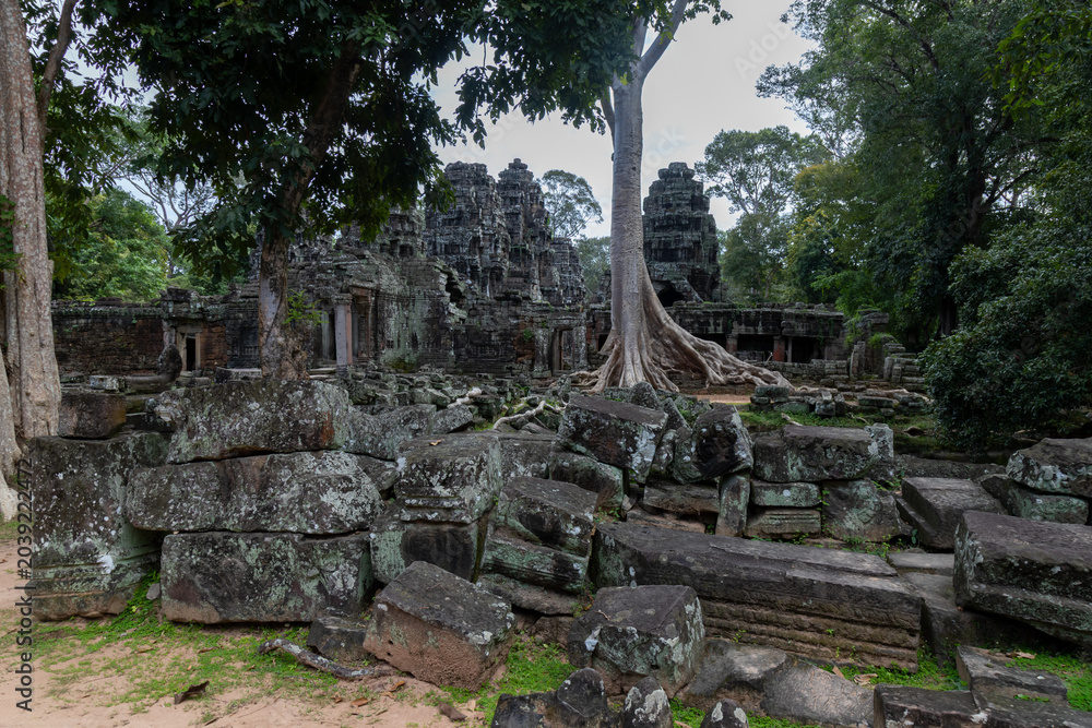 Fototapeta premium The ancient stone ruins of Banteay Kdei temple in Siem Reap, Cambodia, are overgrown with lush green jungle foliage, showcasing its historical significance.