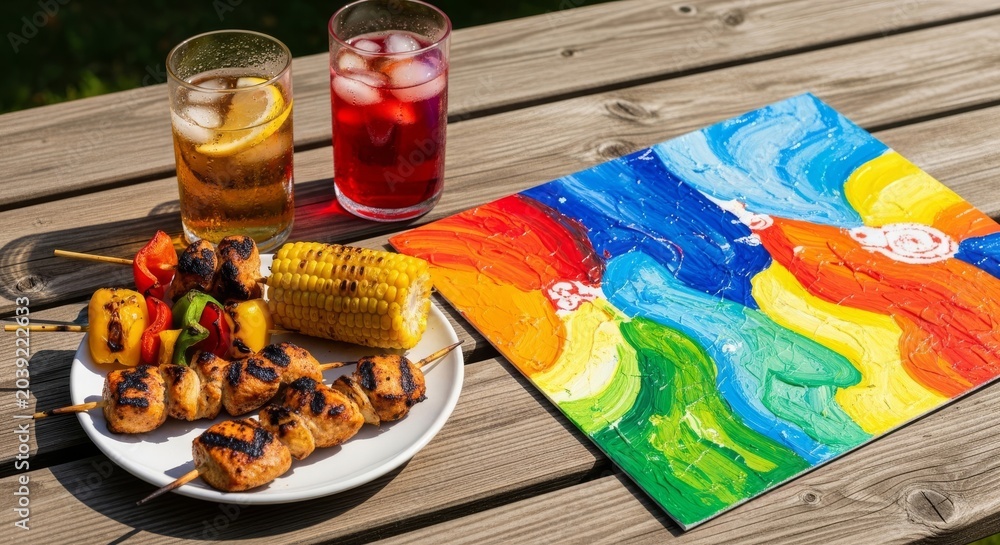 Fototapeta premium Handmade colorful art rests on a rustic wooden table beside grilled food and cold drinks during a sunny outdoor afternoon barbecue lunch, bright, vegetable, grilled