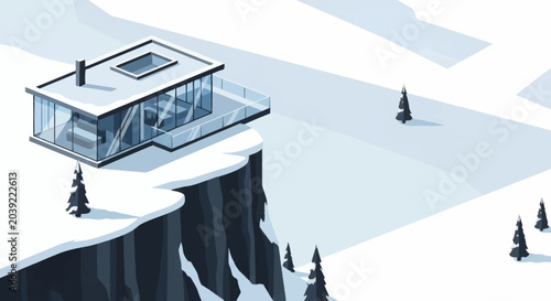 Bilde på lerret Modern house on a snowy cliffside.
