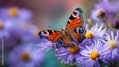 Peacock butterfly (aglais io) resting on purple aster blossom in bavaria, germany, vibrant wildlife macro scene featuring delicate wing patterns, seasonal garden flowers and natural european biodivers