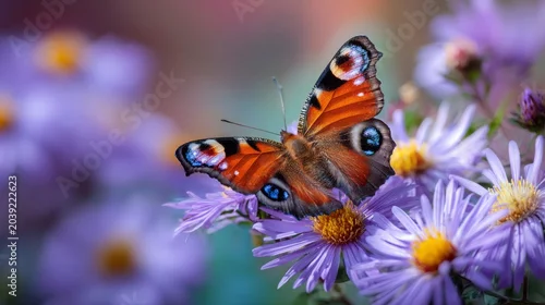 Fototapeta samoprzylepna Peacock butterfly (aglais io) resting on purple aster blossom in bavaria, germany, vibrant wildlife macro scene featuring delicate wing patterns, seasonal garden flowers and natural european biodivers