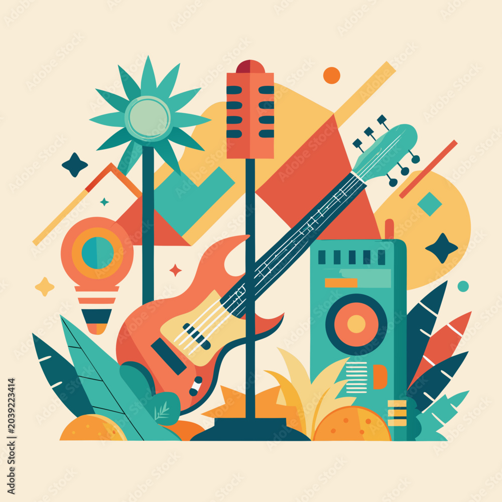 Obraz premium Colorful flat design illustration of music instruments including guitar, microphone, and speaker with geometric shapes and tropical elements