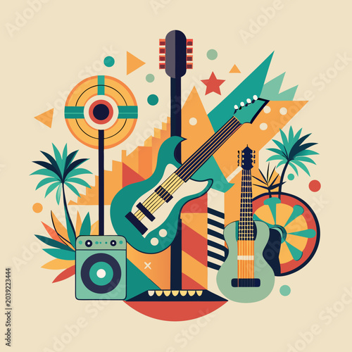 Colorful flat design illustration of musical instruments with tropical elements and geometric shapes