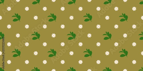 Valokuva Elegant seamless pattern with tea leaves and white blossoms on an olive green background, sophisticated floral design