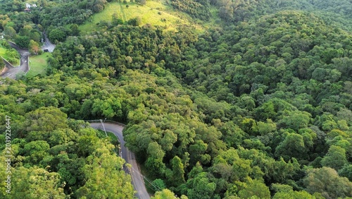Photos Uma estrada turística em meio à floresta do bioma Mata Atlântica, na cidade de São Roque, interior do Estado de São Paulo, Brasil, em uma imagem aérea obtida com drone