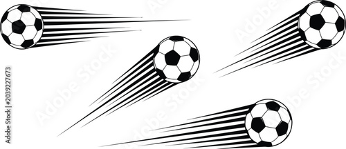 Set of four flying soccer balls with motion speed lines football graphics illustration isolated background training exercise competition tournament velocity movement