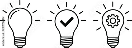 Set of three linear light bulb icons representing ideas checkmark and mechanical gear development process with lightbulb creativity innovation checkmark settings development