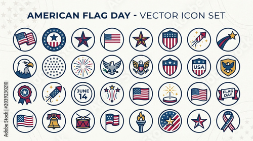 American flag day vector icon set with patriotic symbols and emblems