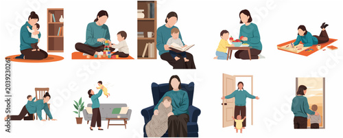 Tableau sur toile Mother and Baby Daily Routine Illustration Set Minimalist Flat Design