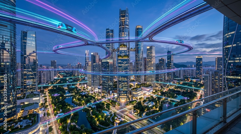 Obraz premium Modern smart city skyline at dusk featuring automated transit pods, light trails, and illuminated high-rise buildings.