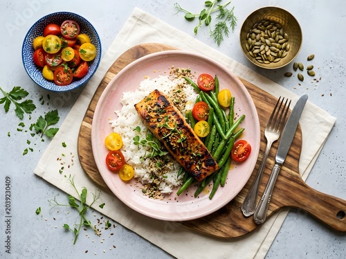 Gourmet healthy salmon meal perfectly plated with fluffy rice, green beans, and fresh cherry tomatoes