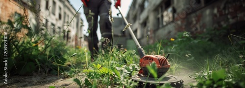 Gardening the Overgrown person wearing gloves and a red shirt uses a string trimmer to clear overgrown weeds and grass in a 