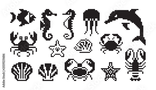 Photography Pixel art ocean creatures set, various marine animals and shells in pixelated style