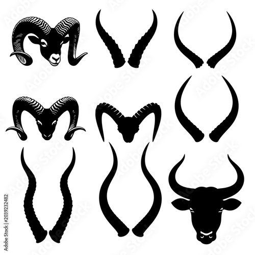 Black silhouettes of ram and bull horns.