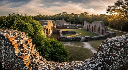 Historic ruins of a building complex under a sunny sky in nature