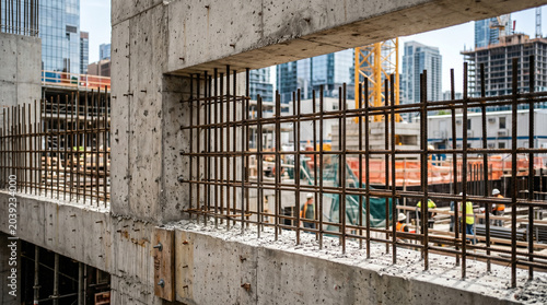 Industrial architectural detail of unfinished concrete structure with aligned steel rebar