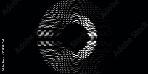 : A high-contrast monochrome abstract background featuring a large circular ring or donut shape formed by a halftone dot grid over a pitch-black backdrop.