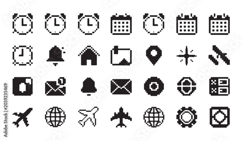 Universal pixel art icon collection featuring weather location travel and time elements.