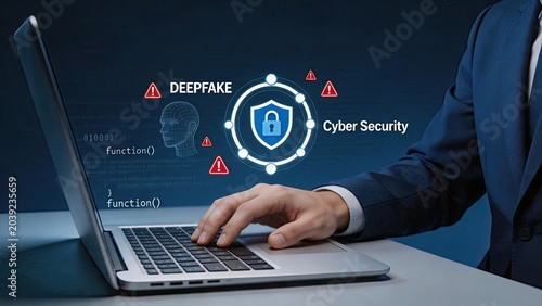 Cyber security protection deepfake threat detection on laptop screen, shield lock icon warning alerts for artificial intelligence fraud safety data privacy network defense concept