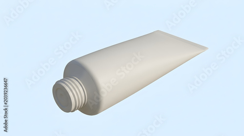 A clean, minimalist 3D render of a plain white cosmetic tube with a screw-on cap, isolated on a soft blue background, perfect for product mockups and branding