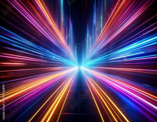 vibrant neon light trails in a dark digital tunnel