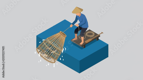 Isometric illustration of a fisherman at work.