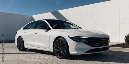 Luxurious white sedan with sporty black rims parked in a minimalist courtyard under clear blue sky