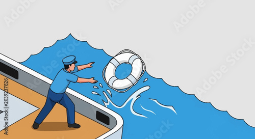 Foto Man throwing life preserver into ocean.