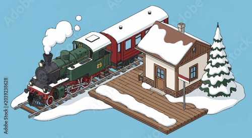 Tableau sur toile A cartoon train stops at a snowy station.