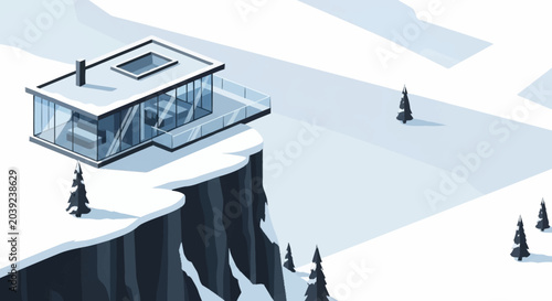 Modern house on a snowy cliffside.