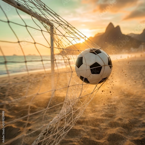 Soccer ball in net on beach at sunset on white background not present