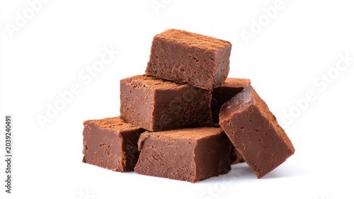 Chocolate fudge cubes on white background. Artificial intelligence image