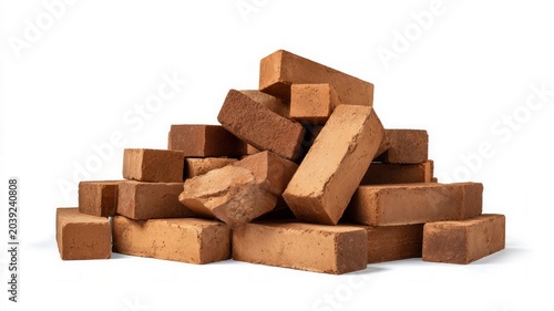 Pile of red bricks on white background. Artificial intelligence image