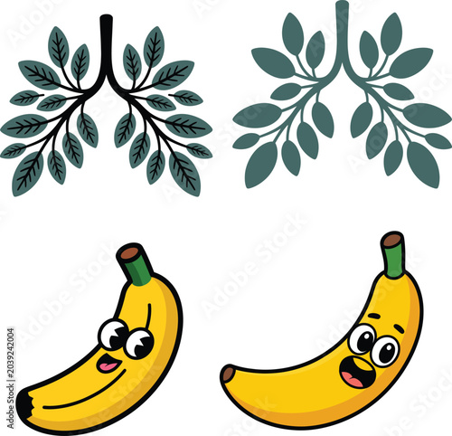 Cartoon Bananas with Happy Faces Hanging from Green Leafy Stems Illustration