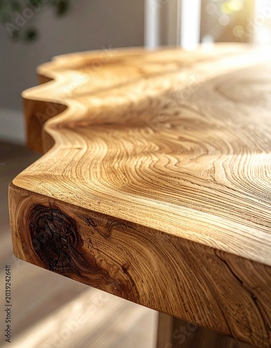 Close-up of a live edge wooden table's surface