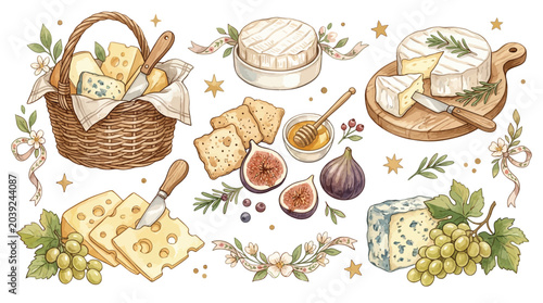 Tableau sur toile Artistic watercolor illustration of a delicious cheese platter with various cheeses, fruits, crackers, and honey