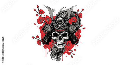 Photos Skull in samurai helmet with roses.
