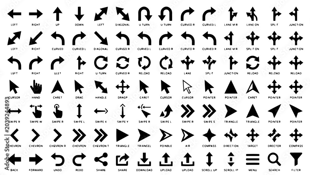 Fototapeta premium Black and White Arrow Icon Vector Sheet with Navigation and UI Symbols