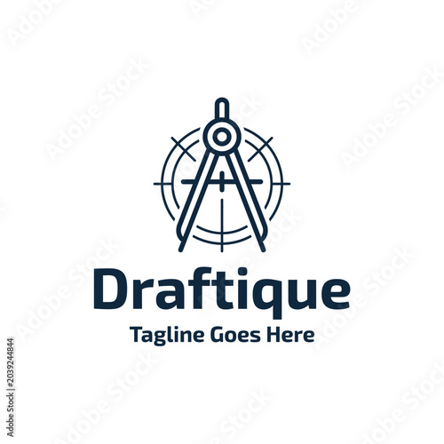 Draftique with a drafting compass divider and technical grid icon Logo Design