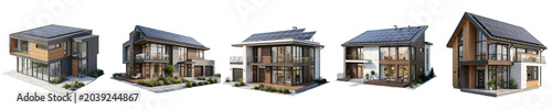 Modern House Design Collection: Set of Five Contemporary Residential Architectural Styles with Sustainable Features Isolated on White Background for Real Estate Projects