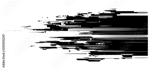 Abstract black vector glitch texture as seen in a dynamic speed trail of pixelated distortion lines and digital noise isolated on a white background.