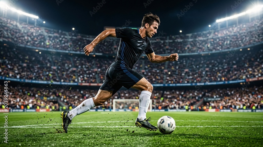 Naklejka premium Dynamic Male Soccer Player Dribbling Ball on Illuminated Stadium Field During Intense Night Match with Cheering Crowd
