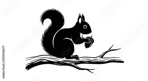 Photography Black Squirrel Holding Acorn Closeup.
