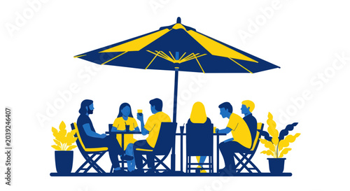 Fotografi People sitting under a patio umbrella.
